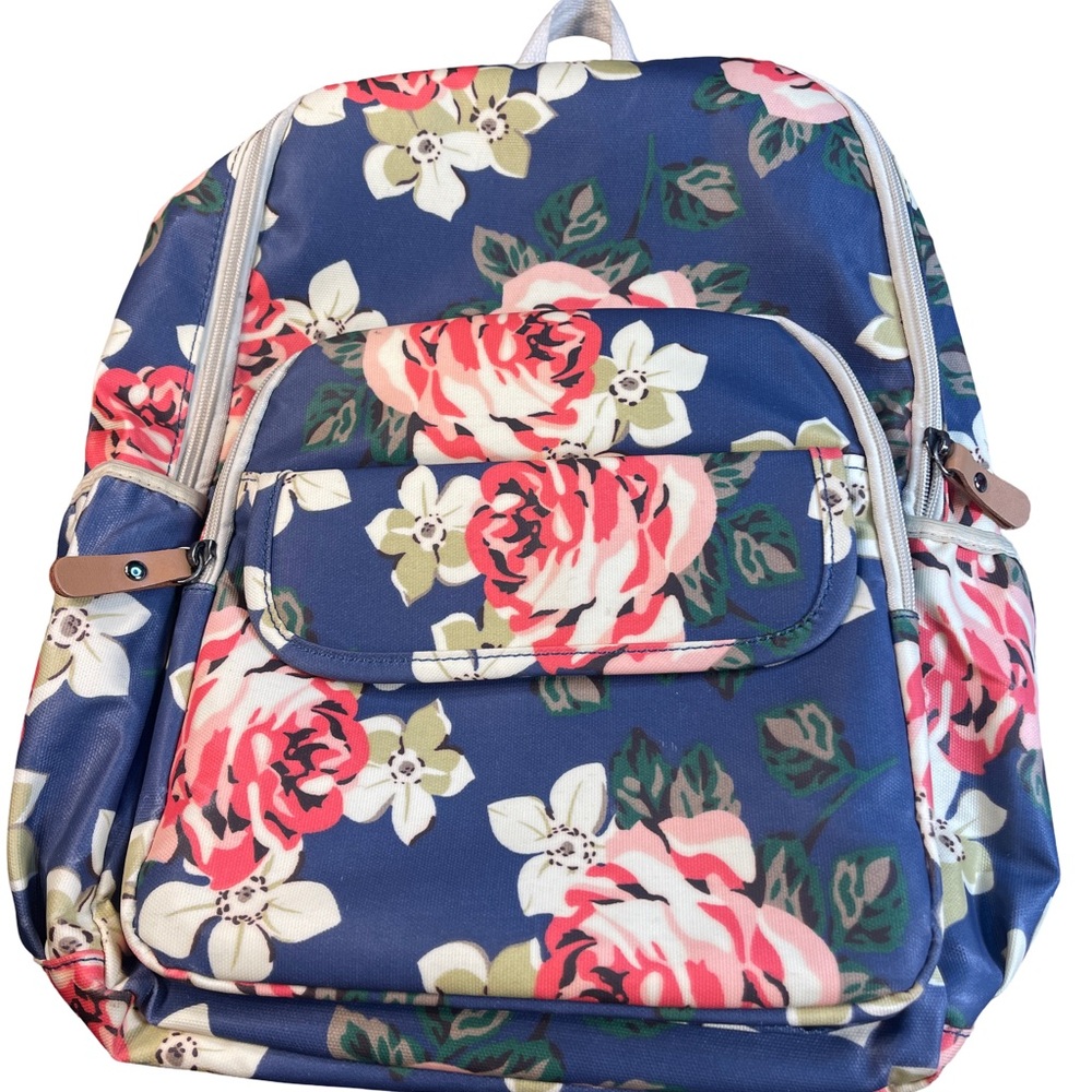 Vintage Floral Coated Canvas Backpack - Navy Blue with Red Roses - Cottagecore